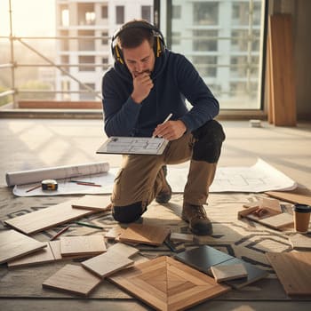 Headphones on a wooden bench beside rug samples