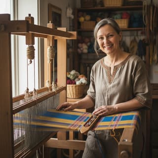 Portrait of a weaver smiling by the loom