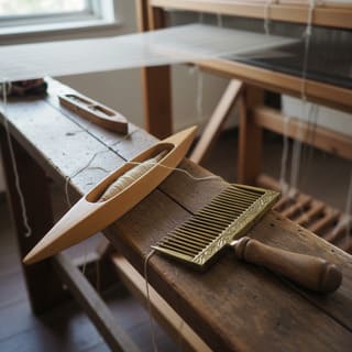 Shuttle and comb tools on a loom bench