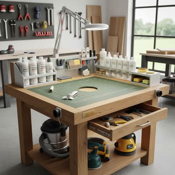 Repair bench with binding tapes and tools