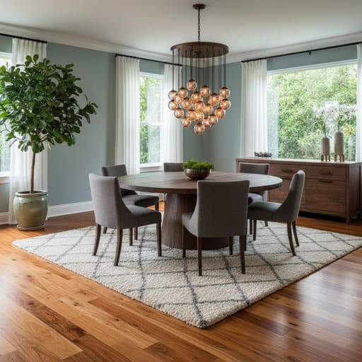 Dining set with plush rug on teak plank