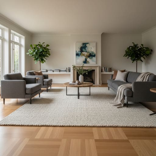 Living room set with wool rug on oak planks