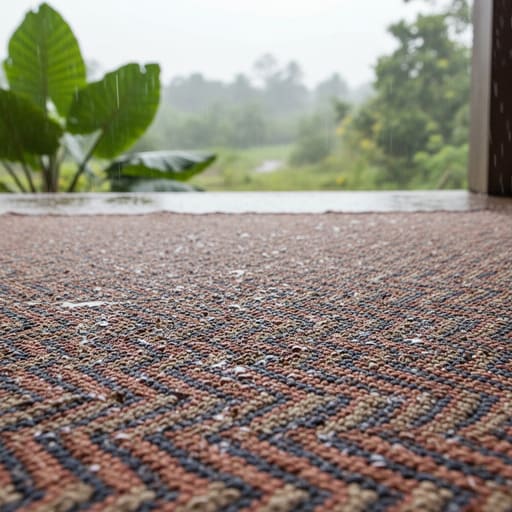 Flatweave rug airing in shade after monsoon rain