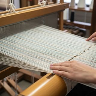 Hands aligning warp threads on a loom beam