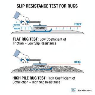 Slip resistance test diagram for flat and high pile rugs