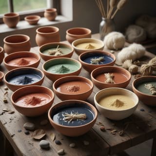 Earthy dye palette with clay bowls