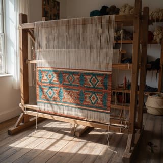 Hand-loomed rug on wooden loom