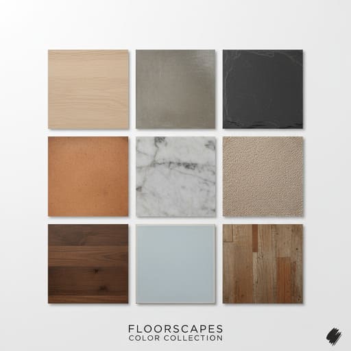Flatlay of fabric swatches and flooring chips