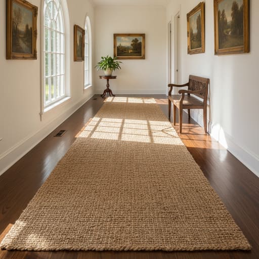 Hallway with a jute runner in morning light
