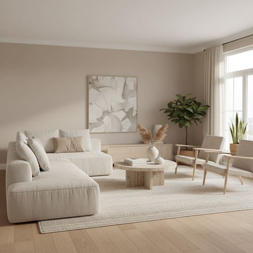 Neutral living room with woven rug and oak plank
