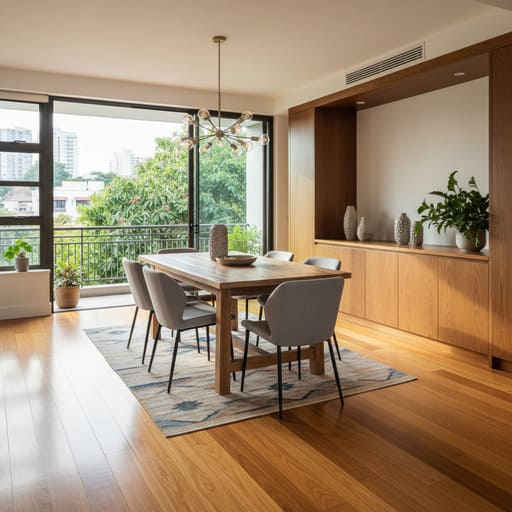 Dining room with plush rug over teak
