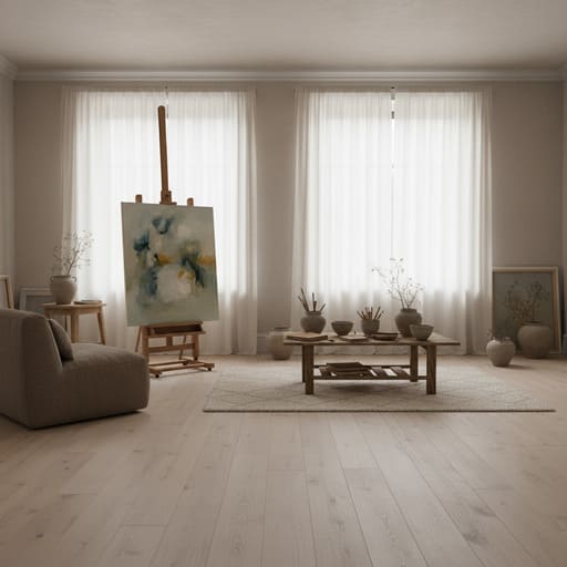 Muted studio with plain rug and cork corner