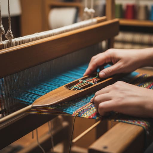 Hands guiding yarn across a loom